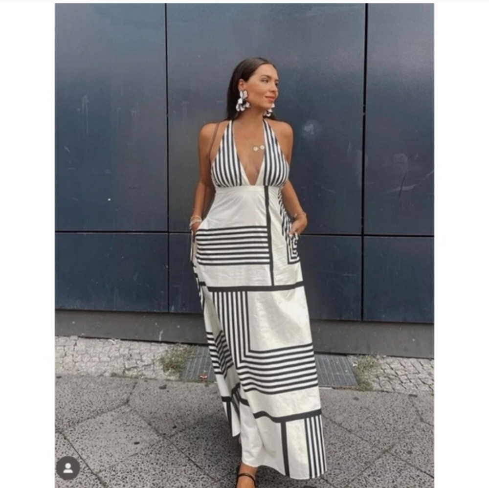 Zara Cotton Dress Halter Black Cream Maxi Size M - Picture 2 of 16
